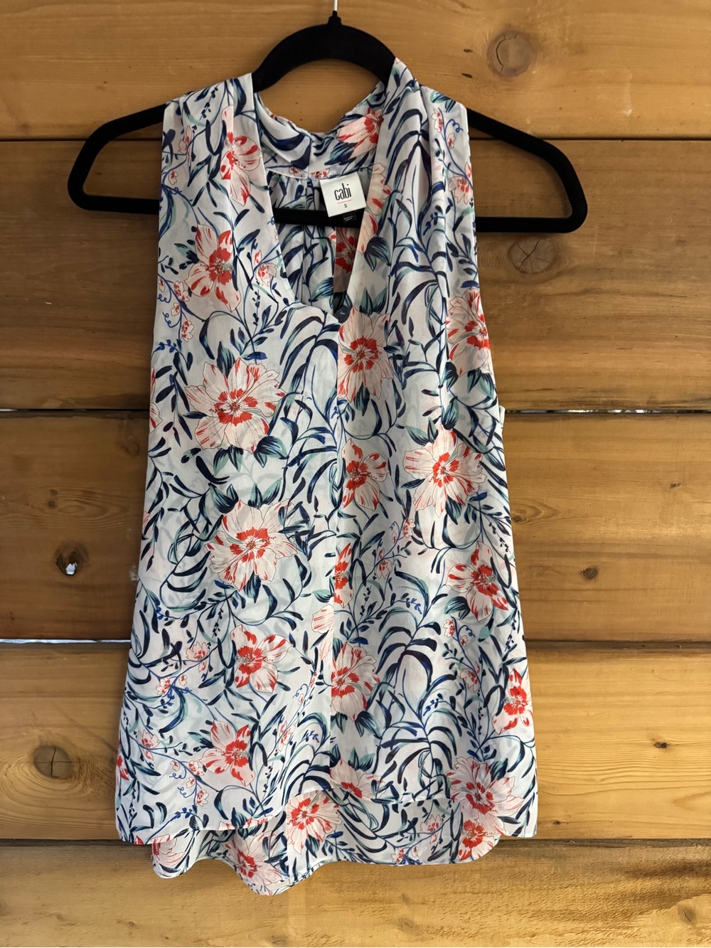 CAbi Floral Sleeveless Flowy Top - White, Coral & Navy